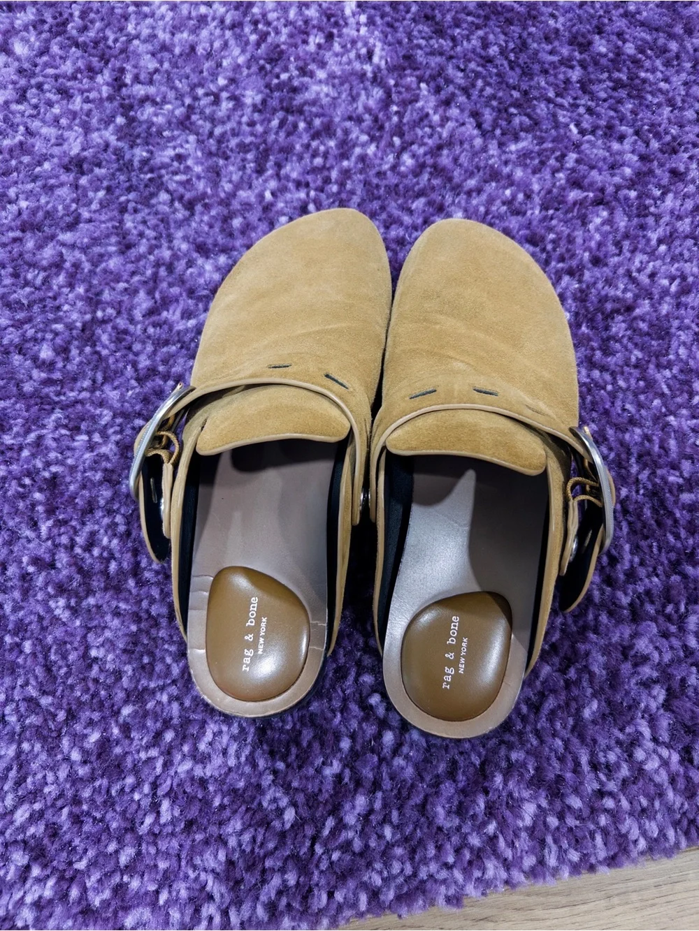 rag & bone Women's Suede Slip-On Clogs in Tan with Buckle
